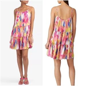 Trina Turk Havsa Tiered Dress Size L Watercolor Ruched A-Line Pullover Lined